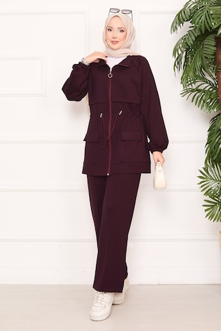 Butik Kadın Fermuarlı Cep Detaylı Tesettür Eşofman Takımı Bordo Bordo