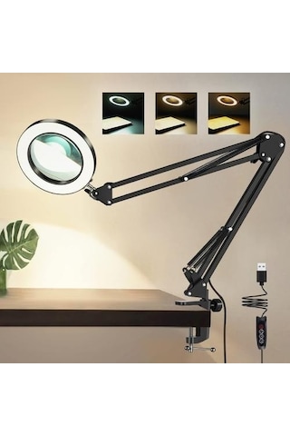 8x Büyüteçli Led 360 Derece Ayarlanabilir Masa Lambası 3 Renk Modlu Metal Esnek Kelepçeli