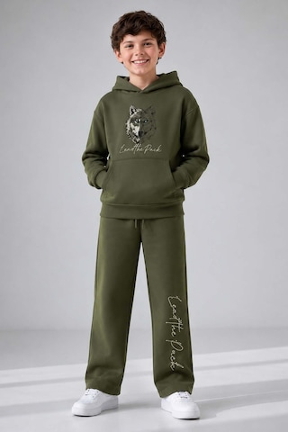 Riccotarz Erkek Çocuk Önü Ve Arkası Kurt Çizim Baskılı Kapüşonlu Sweatshirt Yeşil Eşofman Takım