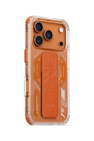 Apple Uyumlu iPhone 17 Pro Kılıf M-safe Teknoloji Desenli Skinarma Helio Mag Charge Standlı Kapak Turuncu Turuncu
