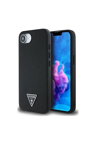 Apple iPhone 16e Uyumlu Kılıf Guess Lisanslı M-safe Şarj Özellikli Grained Triangle Kapak Siyah