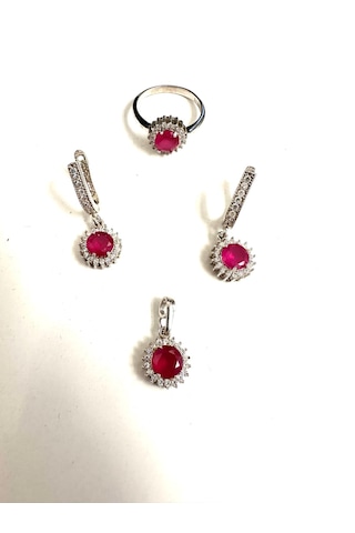 Gümüş Set Takım Pırlanta Görünümlü Kök Yakut Ve Zirkon Taşlı