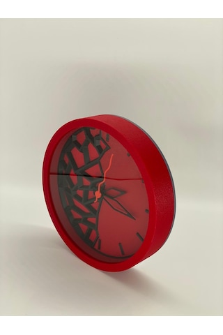 Modern Sanat Dokunuşuyla Parçalanan Zaman Duvar Saati Kırmızı Zemin Ve Kırmızı Kasa Siyah