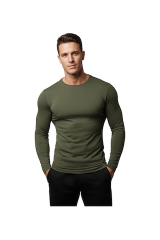 Deepsea Erkek Haki Uzun Kollu Dar Kalıp Ince Sıfır Yaka Sweatshirt 2300423 False Haki