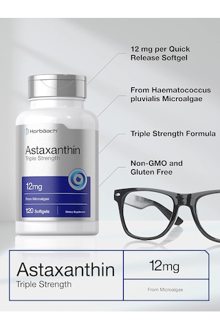 Horbäach Astaxanthin Triple Strength Eyes Skin Health 12mg 120 Softgels Aromasız