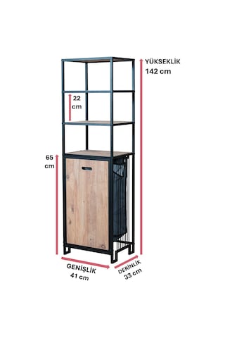 Dekoratif Kirli Sepetli Banyo Dolabı Ahşap Raflı Metal Gövdeli 4 Raflı Çamaşır Sepeti Banyo Düzenleyici Organiz Diğer
