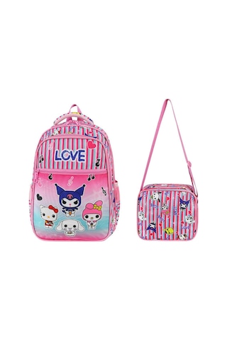 İlkokul Çantası Kuromi 2'li Set 40 30 Cm Beslenme Çantası Ortopedik Sırt Çantası Kız Çocuk Pembe