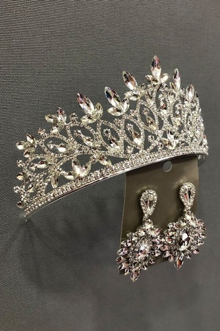 FdayAksesuar Zerda Gümüş Renk Gelin Tacı Ve Küpe Seti FRDY31373