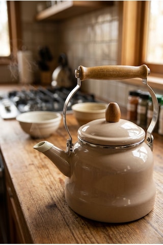 Vintage Ahşap Saplı Emaye Demlik Kettle 2,5lt Güzgülü 7605-c