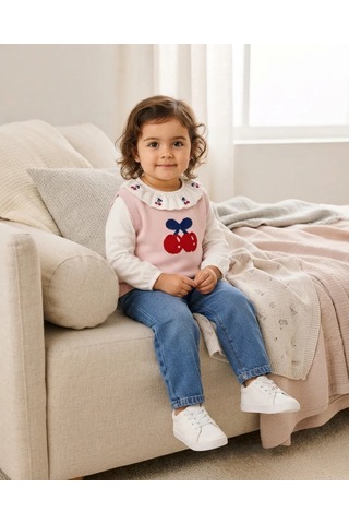 Tuffy Alt Üst Takım Kız Bebek Pembe Kiraz Nakışlı Trikolu İkili