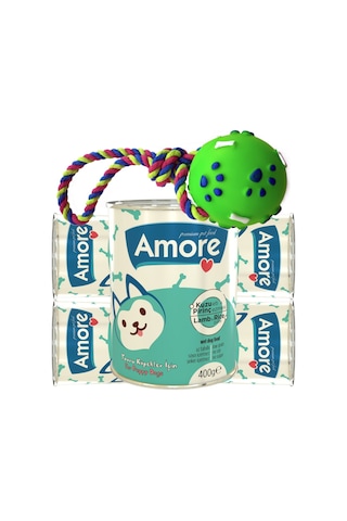 Amore Kuzu Etli ve Pirinçli Yavru Köpek Konserve 5 x 400 G + Fırlatılacak Top