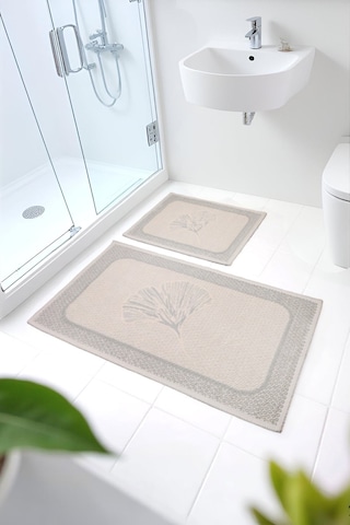 Naturel Pamuklu Kilim Yıkanabilir Banyo Paspası 2'li Klozet Takımı 60x100-50x60cm Çiçekli Bej