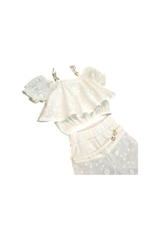 İspanyol Paça Pantolonlu Keten Kız Çocuk Takım Beyaz