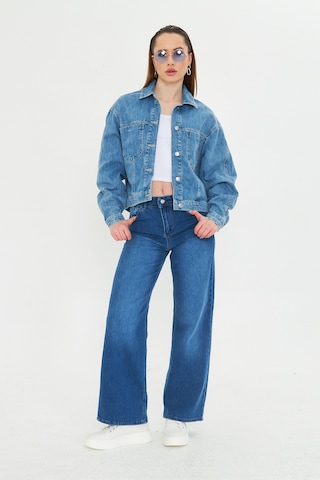 Mavi Yıkamalı Oversize Denim / Kot Ceket Orta Mavi