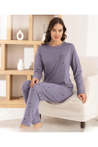 Pijamoni Kadın Milan Bisiklet Yaka Uzun Kol İnce Pijama Takımı 7575/2 - 1 Adet Lila