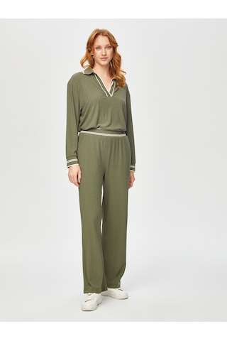 Faik Sönmez Relax Çizgili Ribana Detaylı Wide Leg Örme Pantolon 69767 U6976754 Haki