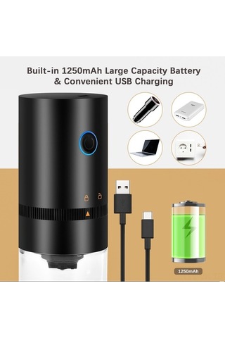 Createtech Taşınabilir Mini Elektrikli Burr Kahve Öğütücü, Ayarlanabilir Öğütme, Çıkarılabilir Hazne, Ev/seyahat/ofis İçin Siyah Siyah
