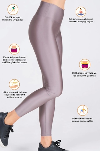 Enenstyle Fashıon Boutıque Kadın Konforlu Yeni Sezon Sporcu Modeli Yazlık Spor Taytı Fitness Gym Training Parlak Spor Tayt Gri