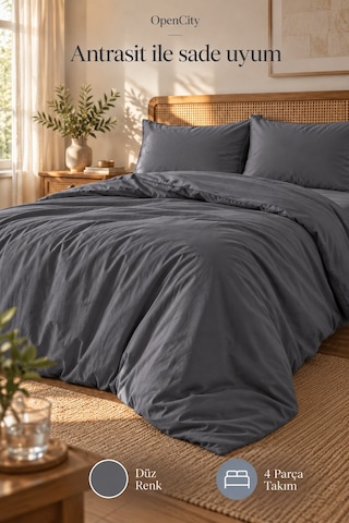 Çift Kişilik Antrasit Nevresim Takımı 4 Parça Düz Renk 180x220 Nevresim 180x240 Çarşaf 2 Yastık Klf