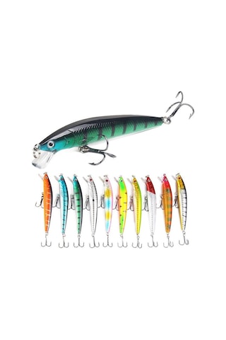 Valkyrie 10 Adet 10cm 9gr Minnow Sahte Olta Yem Seti Rapala 1m Derinlik 10 Farklı Renk Karbon Çelik İğne