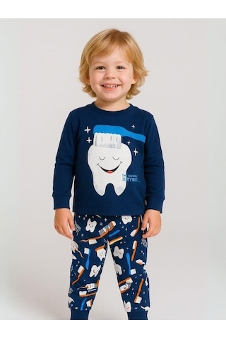Zekids Erkek Çocuk Pamuklu Diş Baskılı Pijama Takımı-16050 Lacivert