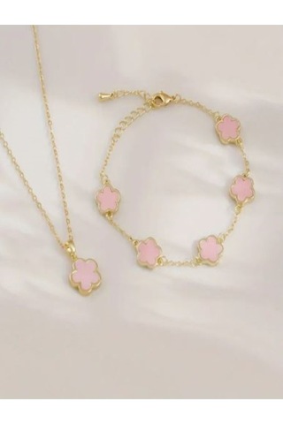 Yonca Kolye Ve Bileklik Set Pembe