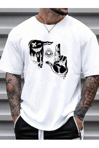 El Göz T-shirt - Beyaz Baskılı Oversize Bisiklet Yaka Kısa Kol Tişört Beyaz