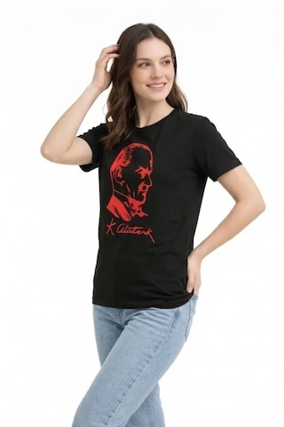 De'charme Atatürk Baskılı Tişört Kısa Kollu Bisiklet Yaka T-shirt - Siyah