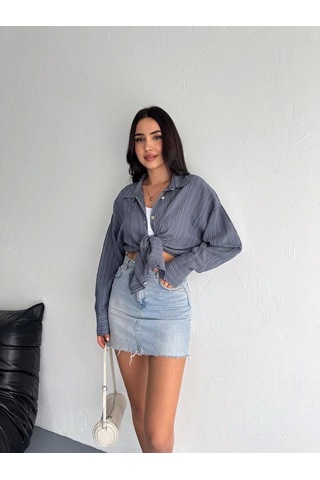 Çizgili Oversize Gömlek Gri