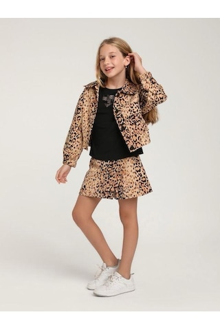 Kız Çocuk Leopar Desenli Tek Cepli Ceket-15592 Kahverengi