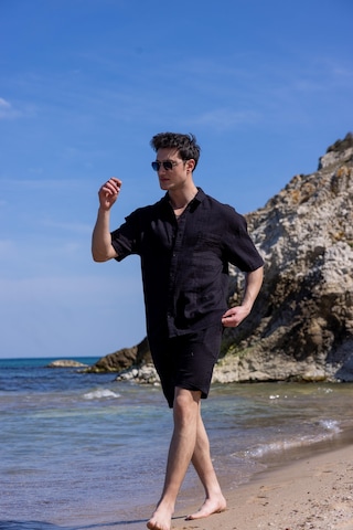 Keten Kumaş Siyah Renk Cep Detaylı Gömlek Şort Erkek Takım-1732 Siyah