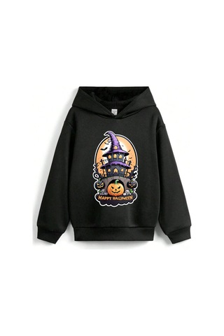 Stil X Halloween - Cadılar Bayramı Baskılı, Kapüşonlu Çocuk Sweatshırt, 3 İplik Şardonlu Siyah-3