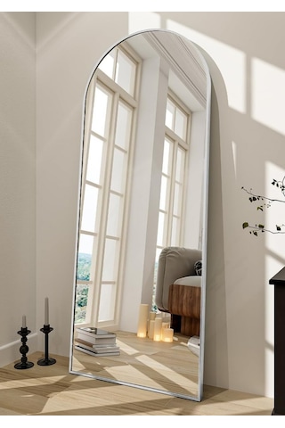 Zer 160x55 Kemerli Zemin Aynası,tam Boy Aynalı Duvar Aynası, Yatak Odası, Giyinme Odası İçin Standlı GÜMÜŞ
