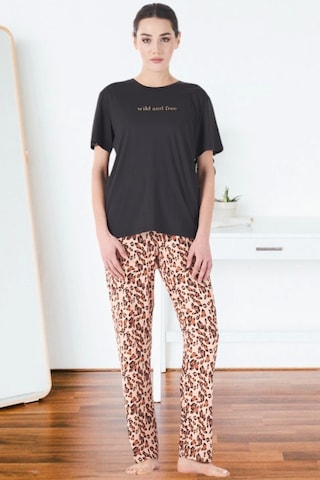 Estiva 25161 Kadın Marla Leoparlı Kısa Kol Pijama Takımı Siyah