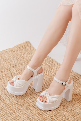 Asmi Shoes Kadın Fiyonk Bantlı 12cm Platformlu Topuklu Ayakkabı Beyaz Beyaz
