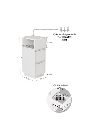 Alve Dar Komodin 2 Çekmeceli, Değiştirilebilir Açık Bölmeli Yan Sehpa Yatak Odası & Oturma Odası Minimal Tasarım Beyaz