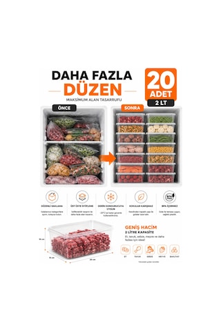 20'li Kendinden Kapaklı 2 Litre Saklama Kabı Bpa Free Derin Dondurucu Ve Buzdolabı Düzenleyici Şeffaf