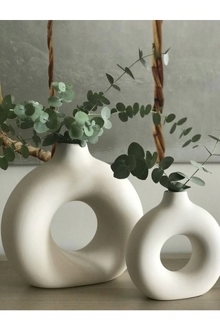 Bohem Halka Vazo Set Büyük 17x18cm, Küçük 14x15cm Dekoratif, Hediyelik Ham Beyaz Beyaz