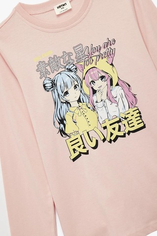 Koton Kız Çocuk Pamuklu Uzun Kollu Bisiklet Yaka Anime Baskılı Tişört Pembe
