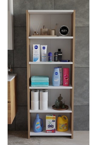 Banyo Çamaşır Dolabı 5 Raflı 150 Cm Çok Amaçlı Saklama Ve Düzenleyici Raf Atlantik Çam - Beyaz