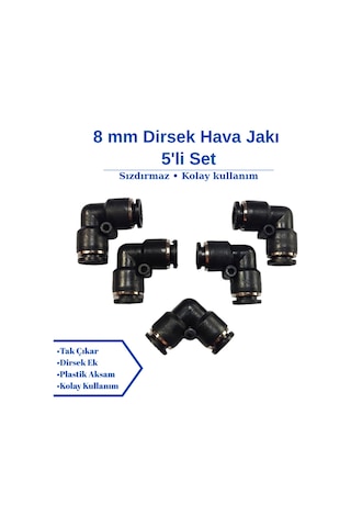 8mm Dirsek Hava Jakı - Pnömatik Jak - Hortum Jakı - Ekleme Jakı 5'li Set