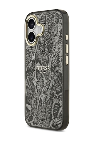 Apple Uyumlu iPhone 17 Kılıf Guess Lisanslı M-safe Şarj Özellikli Yazı Logolu Python Desenli Kapak Siyah Siyah