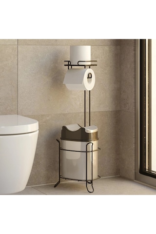 Banyo Tuvalet Kağıdı Askısı Çöp Kovası Yedekli Ayaklı Siyah Siyah