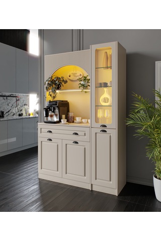 Siena Kum Beji Midi Sağ Vitrinli 130 Cm Komple Mdf Led Aydınlatmalı Kahve Köşesi