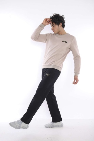 Escetic Erkek Spor Bej Kışlık Sweatshirt Takım, 3 İplik (İçi Şardonlu) Ku Bej