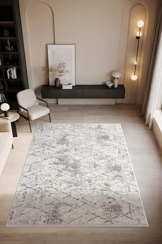 Look Black Lb007g Krem Halı Siyah Dekoratif Çizgili Modern Desen Akrilik Yumuşak Tozuaz Salon Halısı-915 Krem