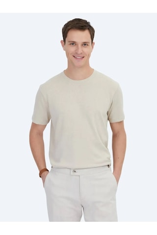 Kip Bej Düz Bisiklet Yaka Pamuk Karışımlı T-shirt Bej