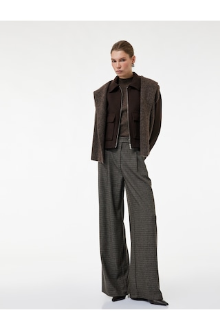 Koton Koton X Sima Tarkan - Loose Fit Cepli Pileli Palazzo Ekose Pantolon Kahverengi Ekose 6wak40042ew