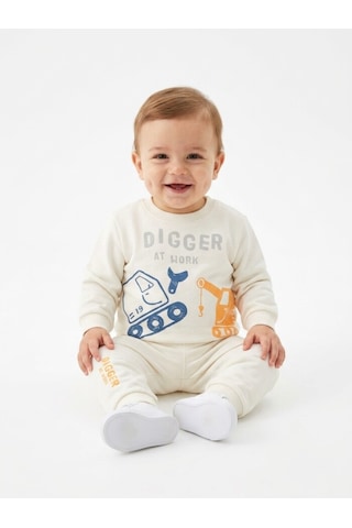 Aydınlar Bebe Pamuklu Bisiklet Yaka Erkek Bebek 2li Takım Beyaz