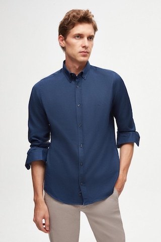 Ds Damat Slim Fit İndigo Oxford Düğmeli Yaka Kolay Ütülenebilir Nakış Detaylı Pamuklu Gömlek 4HC02ORT03265 İndigo